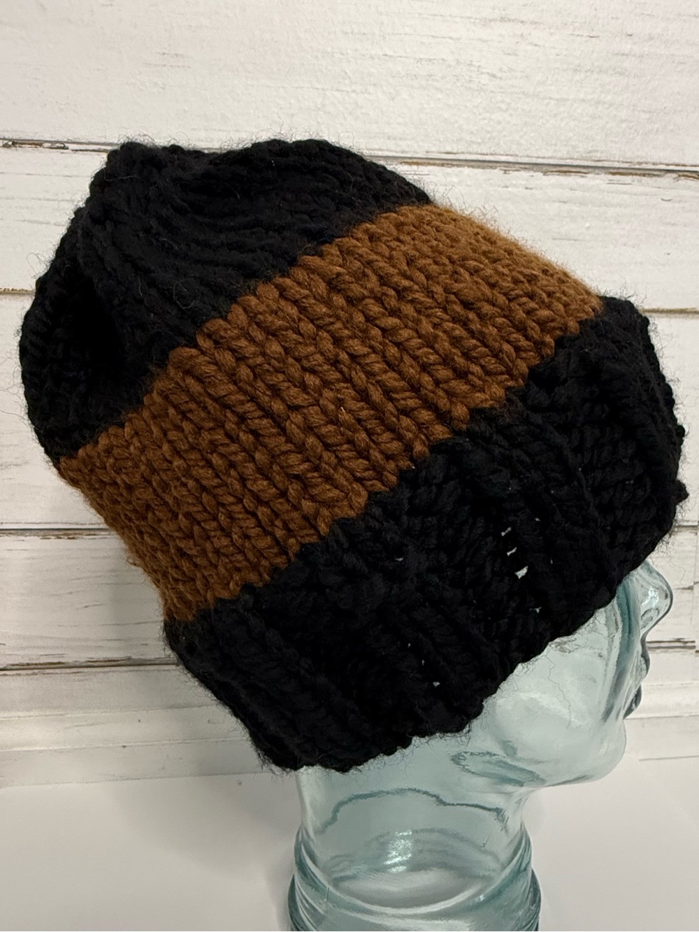 Handmade Black & Cognac Brown Chunky Knit Beanie Hat | Hand Knit Winter Hat